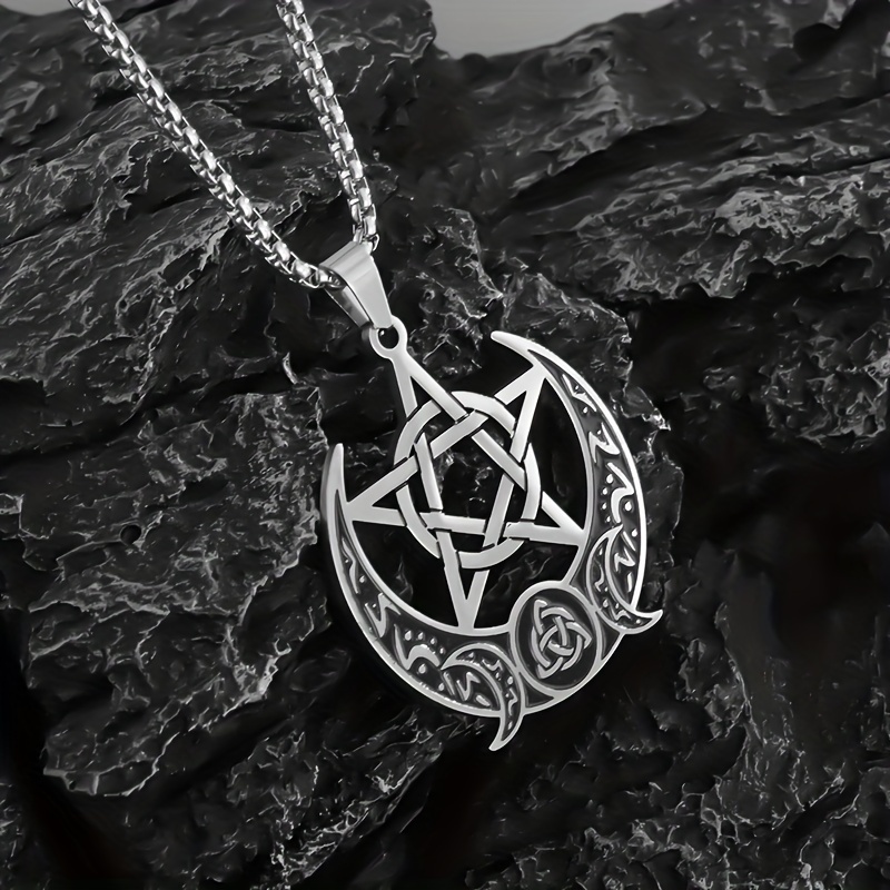 Vintage Mystery Stainless Steel Celtic Pentagram Moon Pendant Necklace